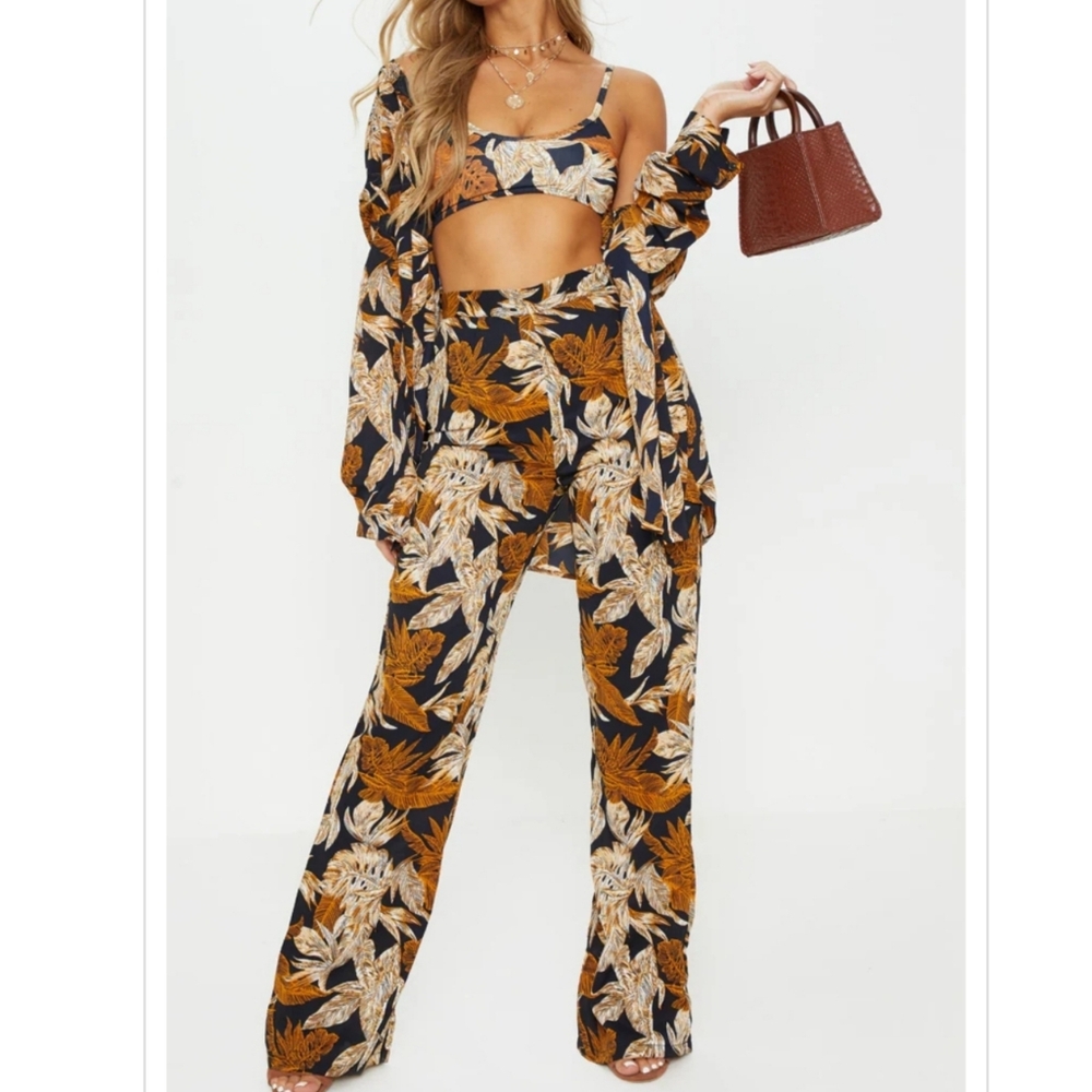 PrettyLittleThing Black & Mustard Floral Wide Leg Pants